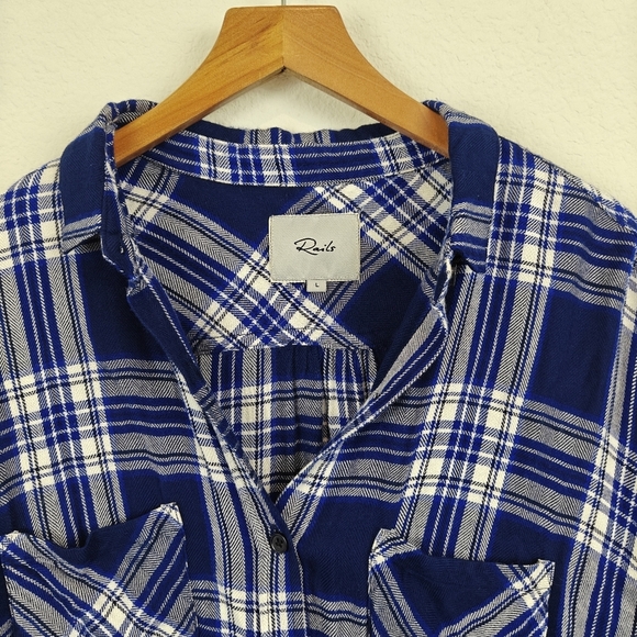 Rails Britt Midnight Cobalt Blue Plaid Rolled Short Sleeve Button Up Shirt LG - Picture 7 of 10